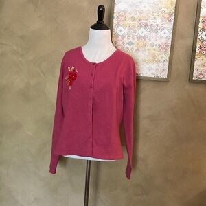 Large purple April Cornell Vintage Cardigan with ribbon Embroidery